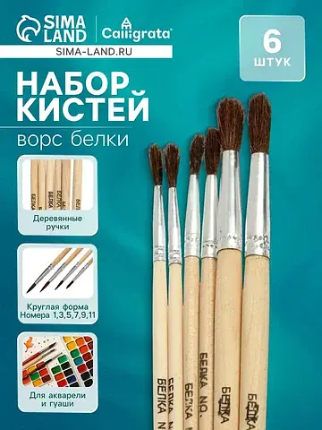 Набор кистей для рисования, белка, 6 шту