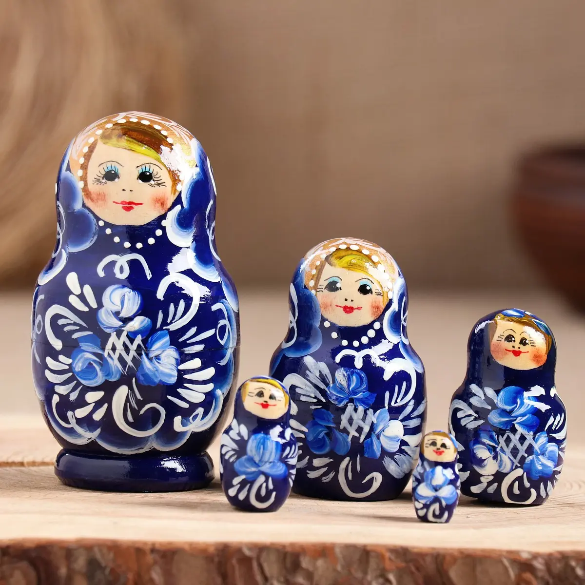 Матрёшка деревянная Гжель 5-кукольная 10 см синяя
