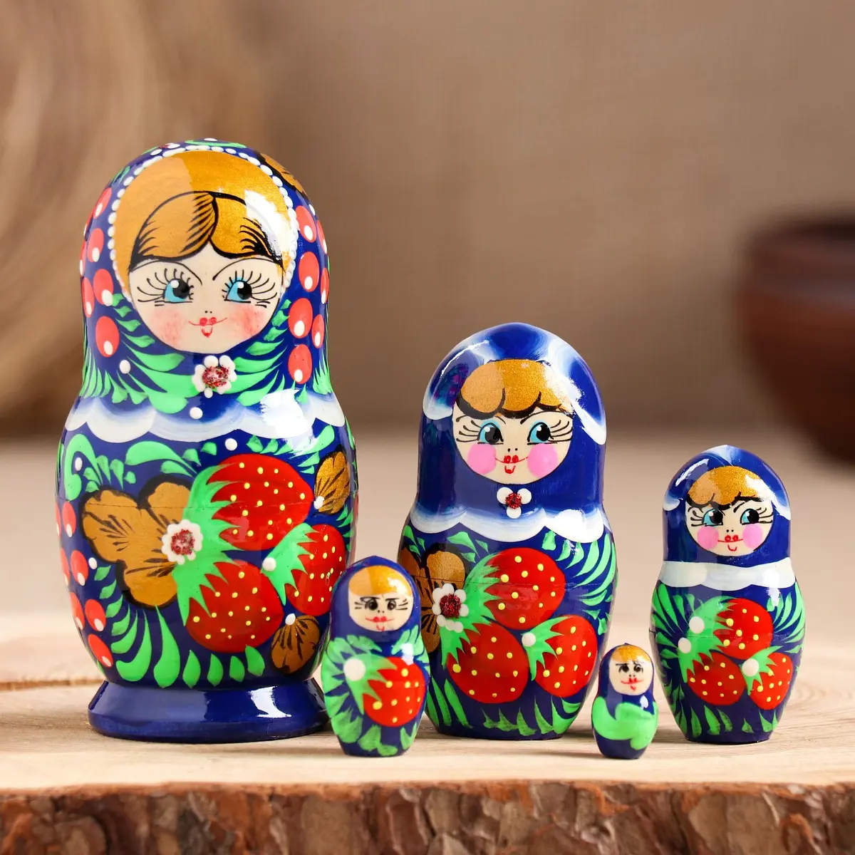 Матрешка деревянная Синее платье 5-кукольная 10 см разноцветная
