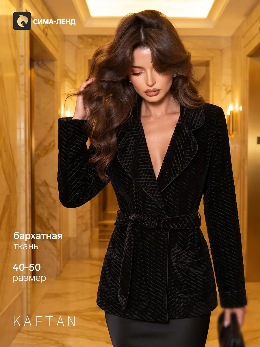 Жакет KAFTAN бархатный приталенный удлинённый чёрный