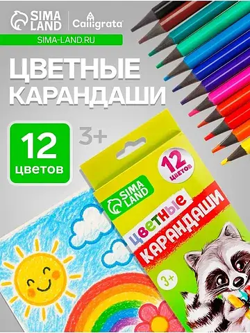 Карандаши цветные заточенные, 12 цветов,