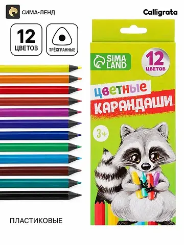 Карандаши цветные заточенные, 12 цветов,