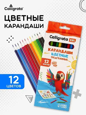 Карандаши , 12 цветов, трехгранные, плас