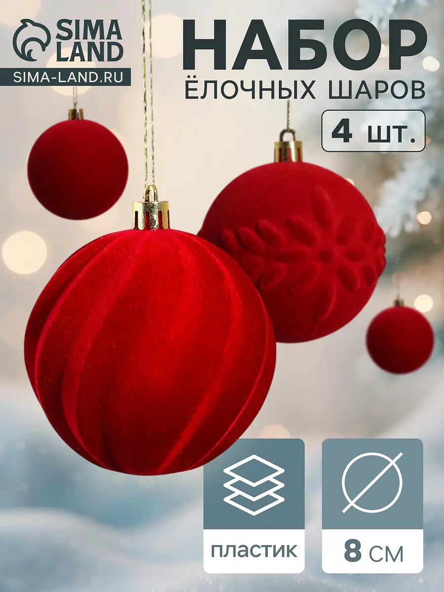 Ёлочные шары Зимнее волшебство Бархатный зной 4 шт. красные