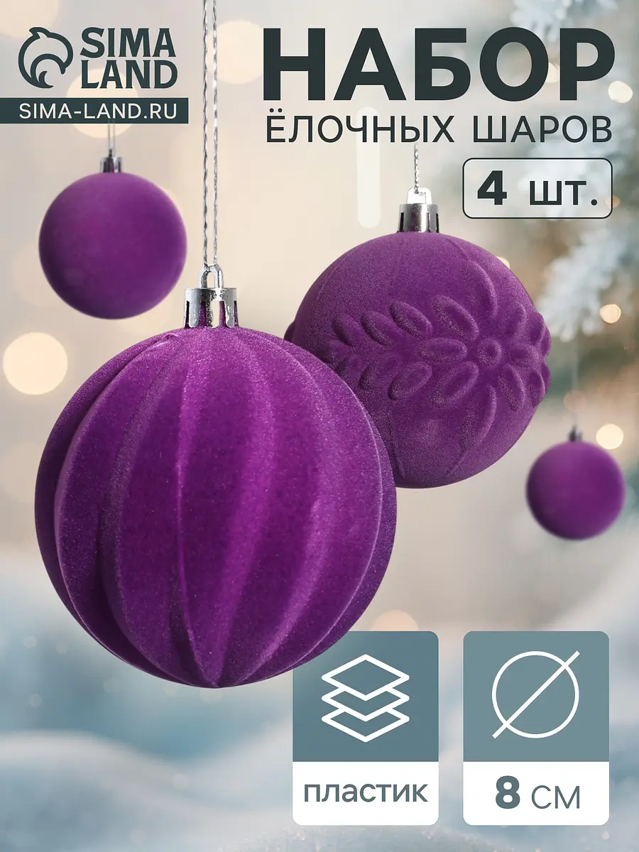 Ёлочные шары Зимнее волшебство Бархатный зной 4 шт фиолетовые