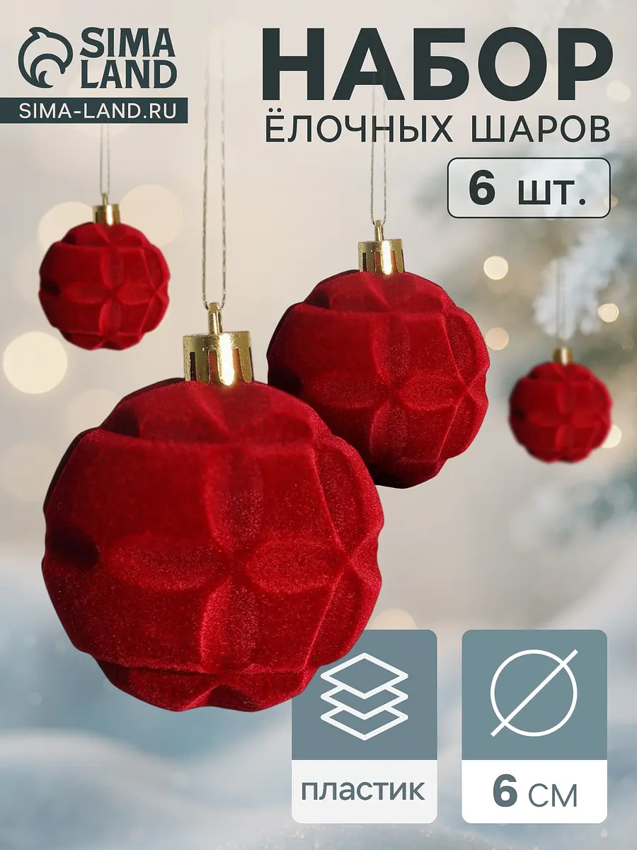 Ёлочные шары набор 6 шт. красные d=6 см