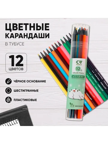 Карандаши 12 цветов в тубусе, шестигранн