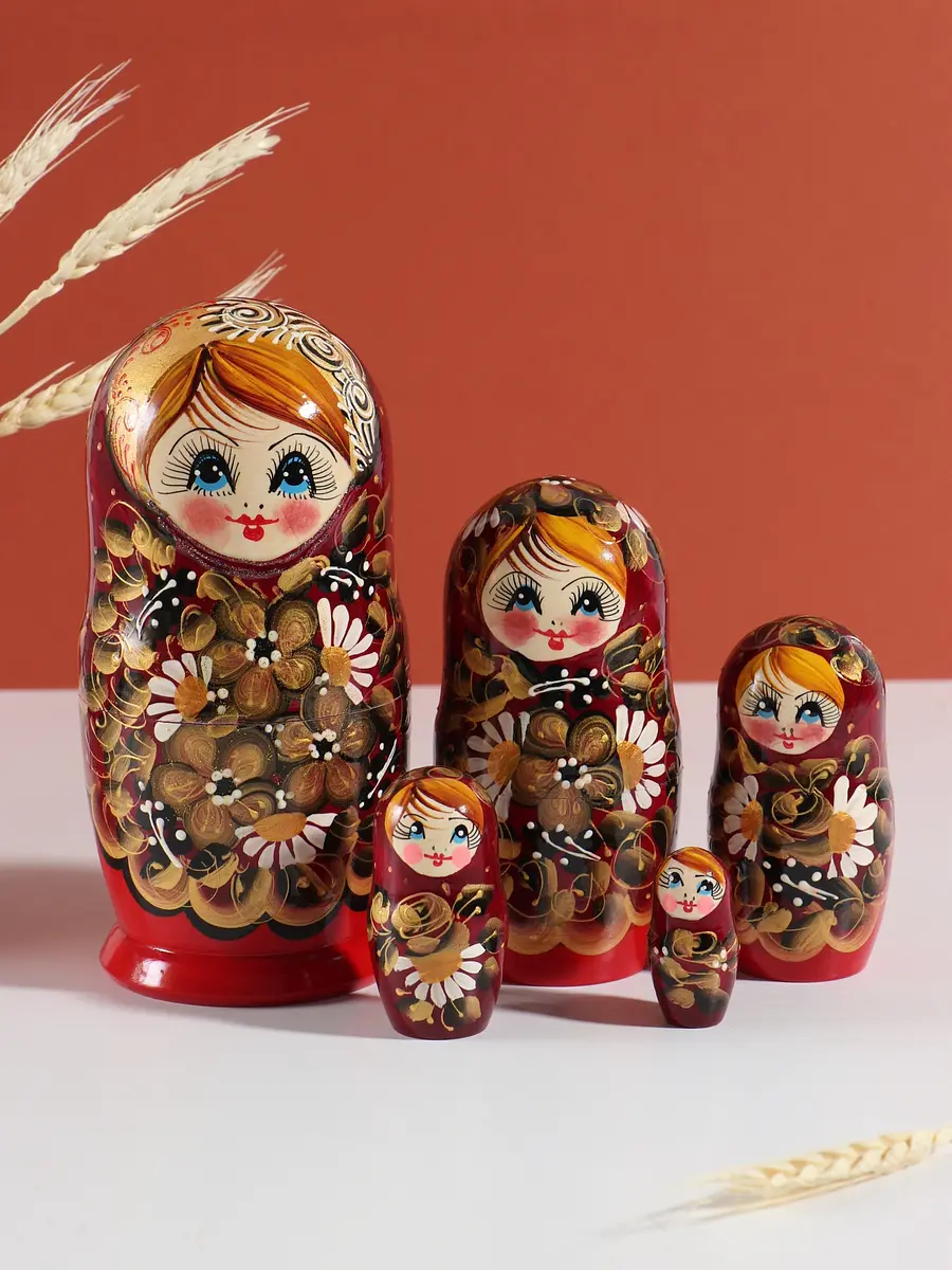 Матрёшка деревянная «Цветочная» 19 см бордовая