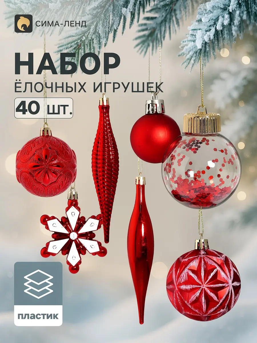 Ёлочные игрушки набор 40 шт. Ночка красные