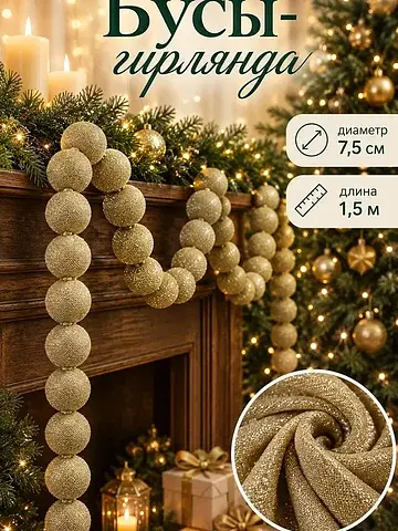 Гирлянда из тканевых шаров 1.5 м золотая