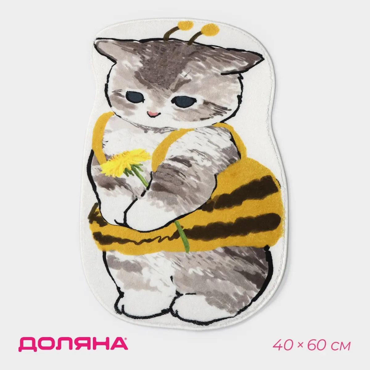 Коврик Доляна Крошка Киса фигурный 40×60 см белый серый жёлтый