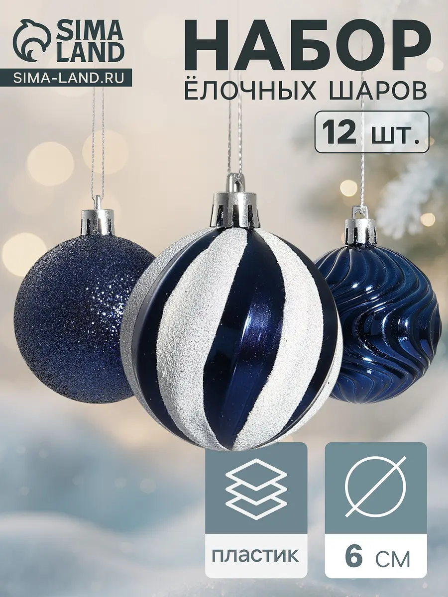 Ёлочные шары Мелодия 6 см 12 шт синие