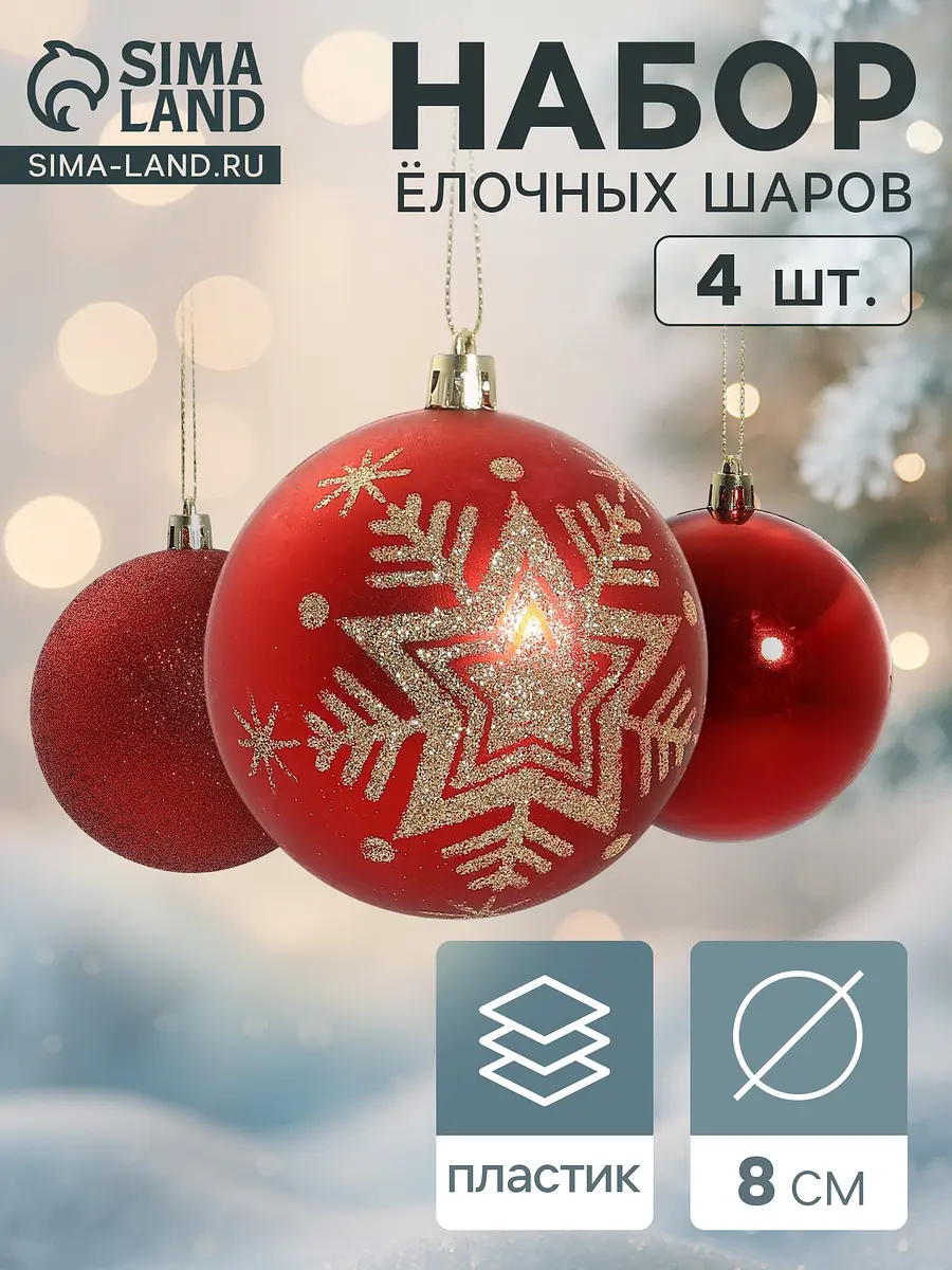Ёлочные шары набор 4 шт. красные 8 см
