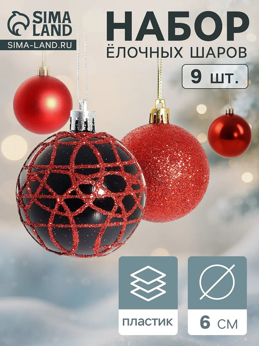 Ёлочные шары набор 9 шт красные 6 см
