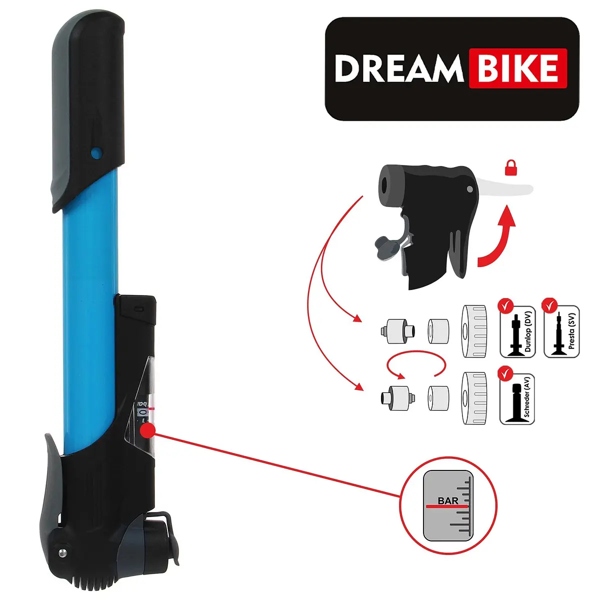 Насос ручной Dream Bike с манометром синий