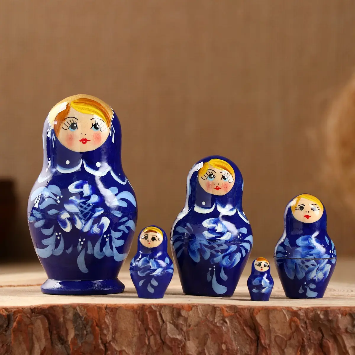 Матрёшка деревянная Гжель 5-кукольная 10 см синяя
